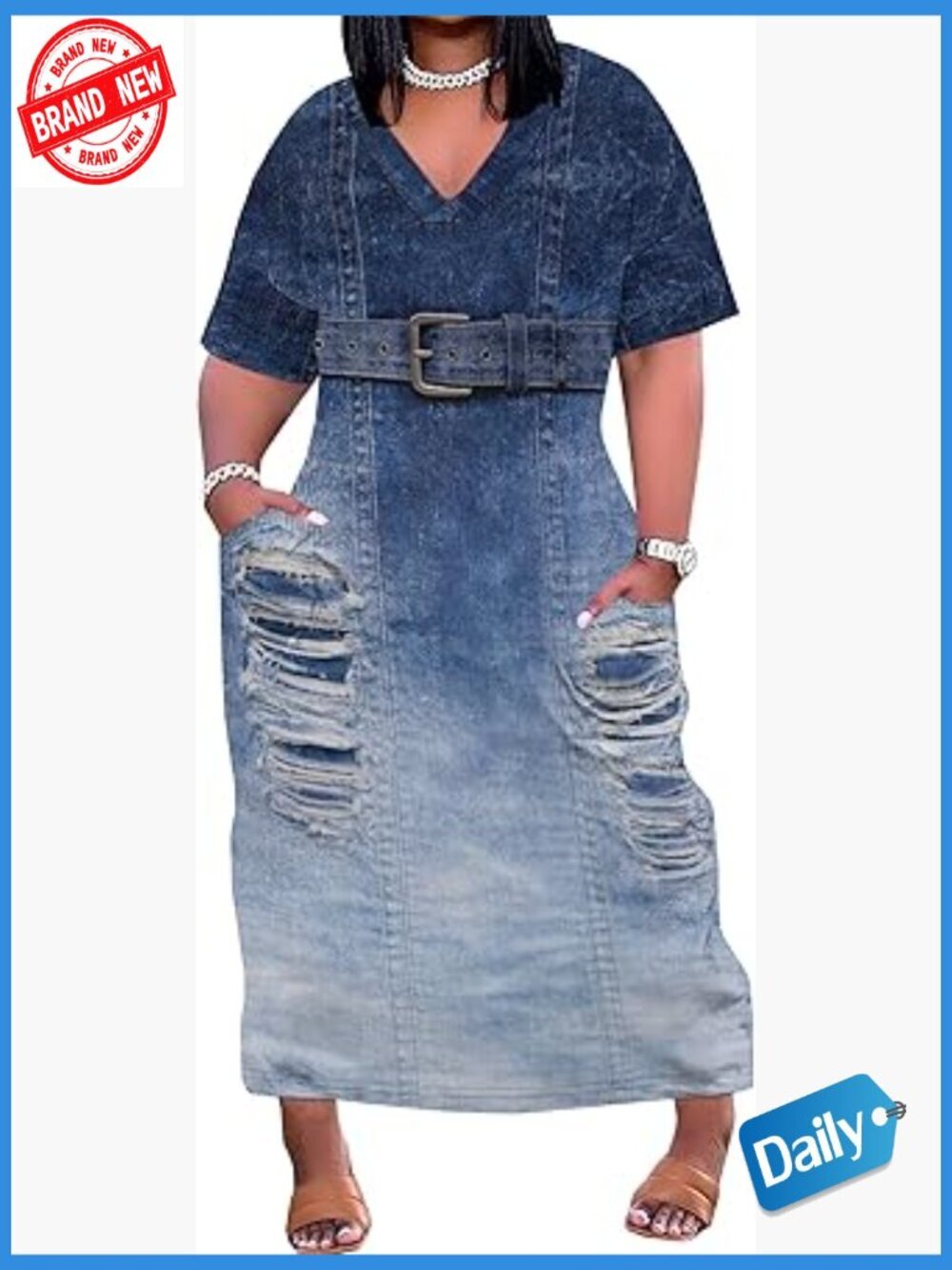 Plus Size Denim Print Maxi Dress V Neck Short Sleeve with Pockets Soft Jean Look